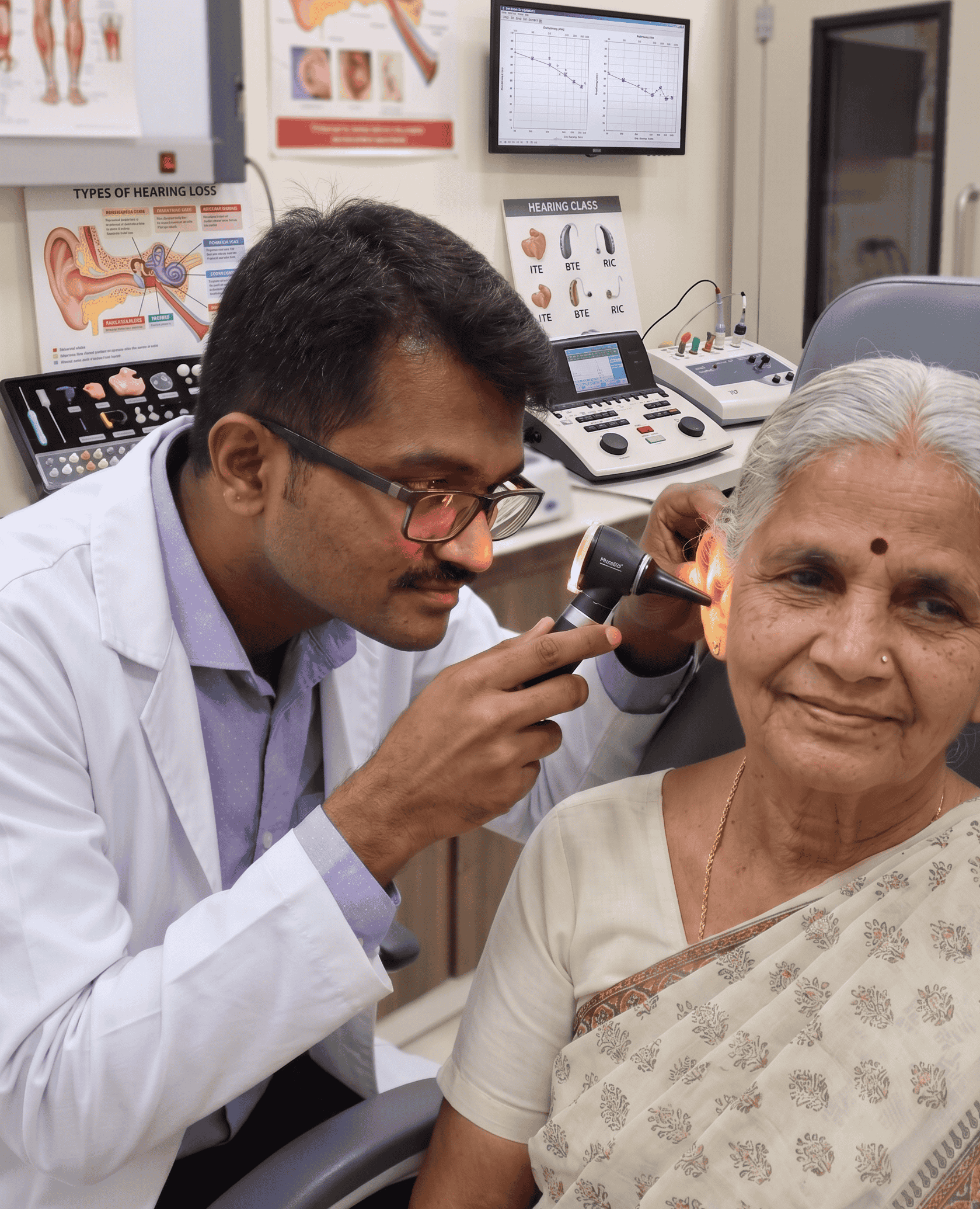A caring audiologist examining an older patient's ear at Bharath Audiology